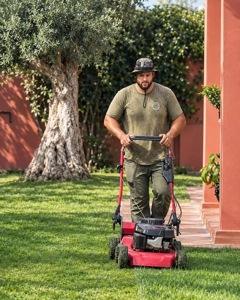 Alfonso Naveiro, jardinero, segando el césped junto a un olivo en un chalet de Vistahermosa, El Puerto de Santa María