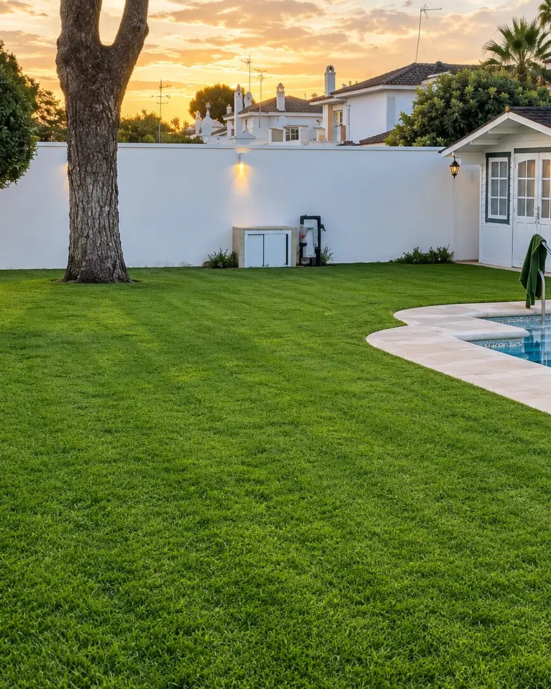 Pradera de césped natural junto a la piscina de un chalet al atardecer, en El Puerto de Santa María
