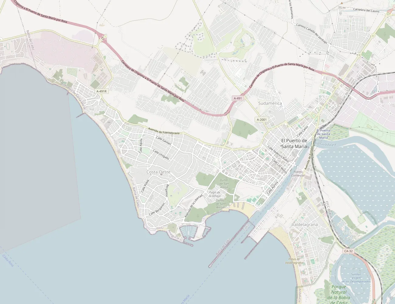 Mapa de El Puerto de Santa María con la zona de servicio de Jardinería Naveiro, de Fuentebravía a Valdelagrana, y Vistahermosa como zona principal