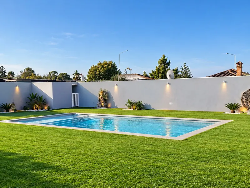 Piscina con el agua cristalina rodeada de césped en un chalet de El Puerto de Santa María