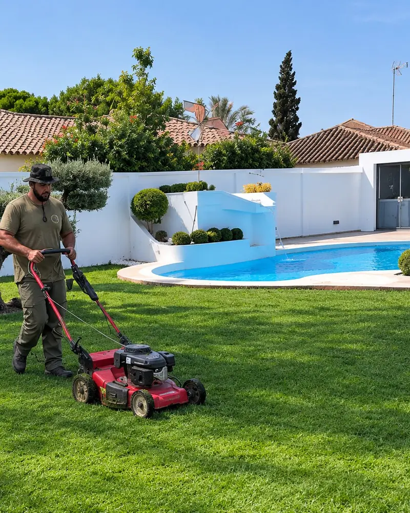 Siega del césped junto a la piscina antes de limpiarla, en un chalet de Vistahermosa