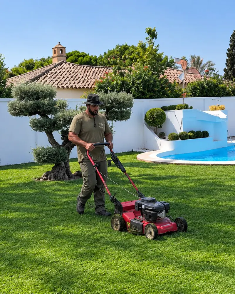 Alfonso segando el césped junto a un olivo en nube en un chalet de Vistahermosa